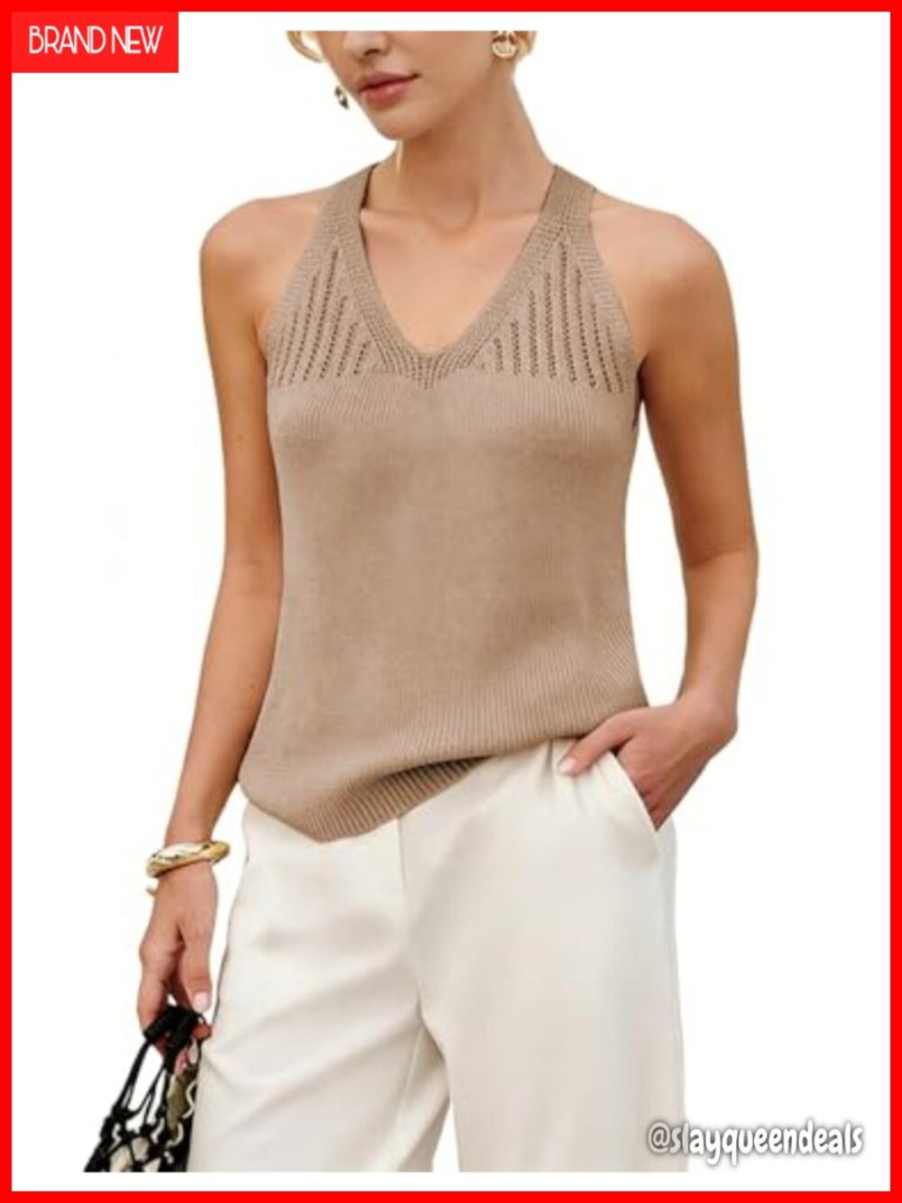 Yeokou V Neck Knit Tank Top Sleeveless Crochet Summer Sweater Vest